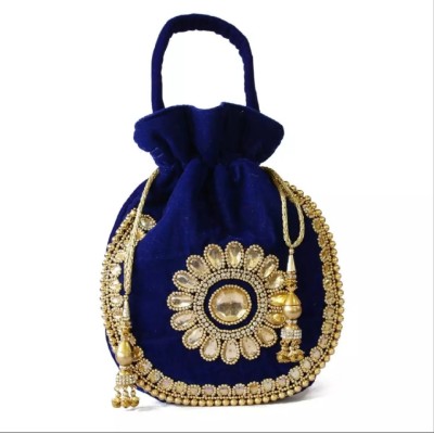 Blue/Golden Acrylic Stones Studded Floral Design Pouch Bag 