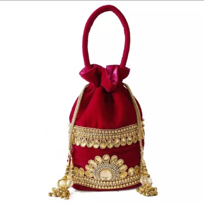 Red/Golden Acrylic Stones Embellished Pouch Bag